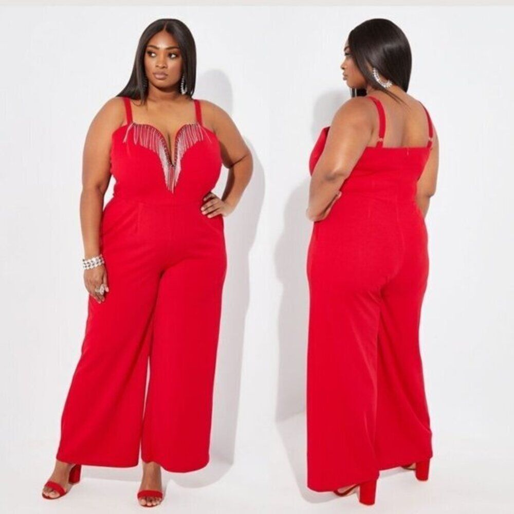 Ashley Stewart Women's Jewel Trimmed‎ Red Wide Leg Jumpsuit